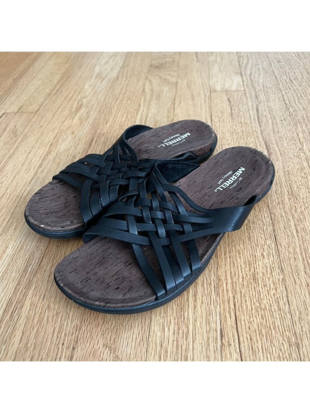 Merrell District Mahana Black Leather Woven Slide Sandals Women's Size 8